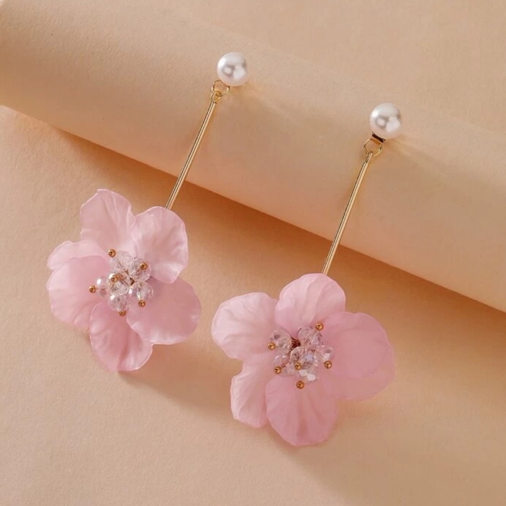 Pearl, Flower Charm, Drop Earrings